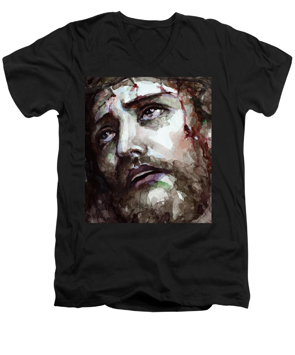 Jesus Men's V-Neck T-Shirt featuring the painting Jesus Suffering by Laur Iduc
