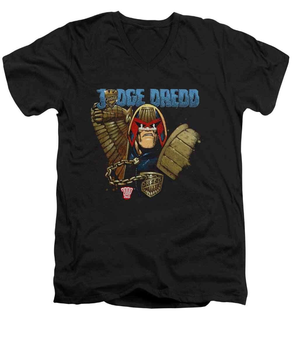 Judge Dredd Men's V-Neck T-Shirt featuring the digital art Judge Dredd - Smile Scumbag by Brand A