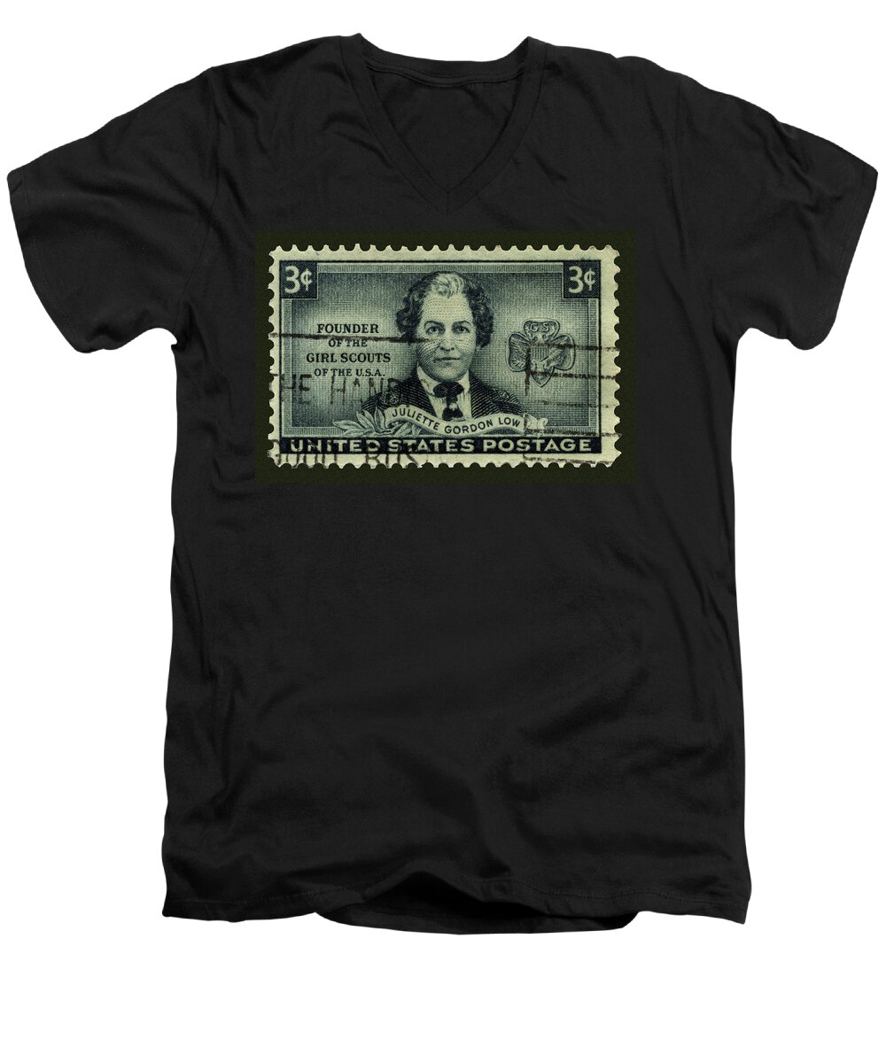 Girl Scouts Men's V-Neck T-Shirt featuring the photograph Girl Scouts Founder Juliette Gordon Low Postage Stamp by Phil Cardamone