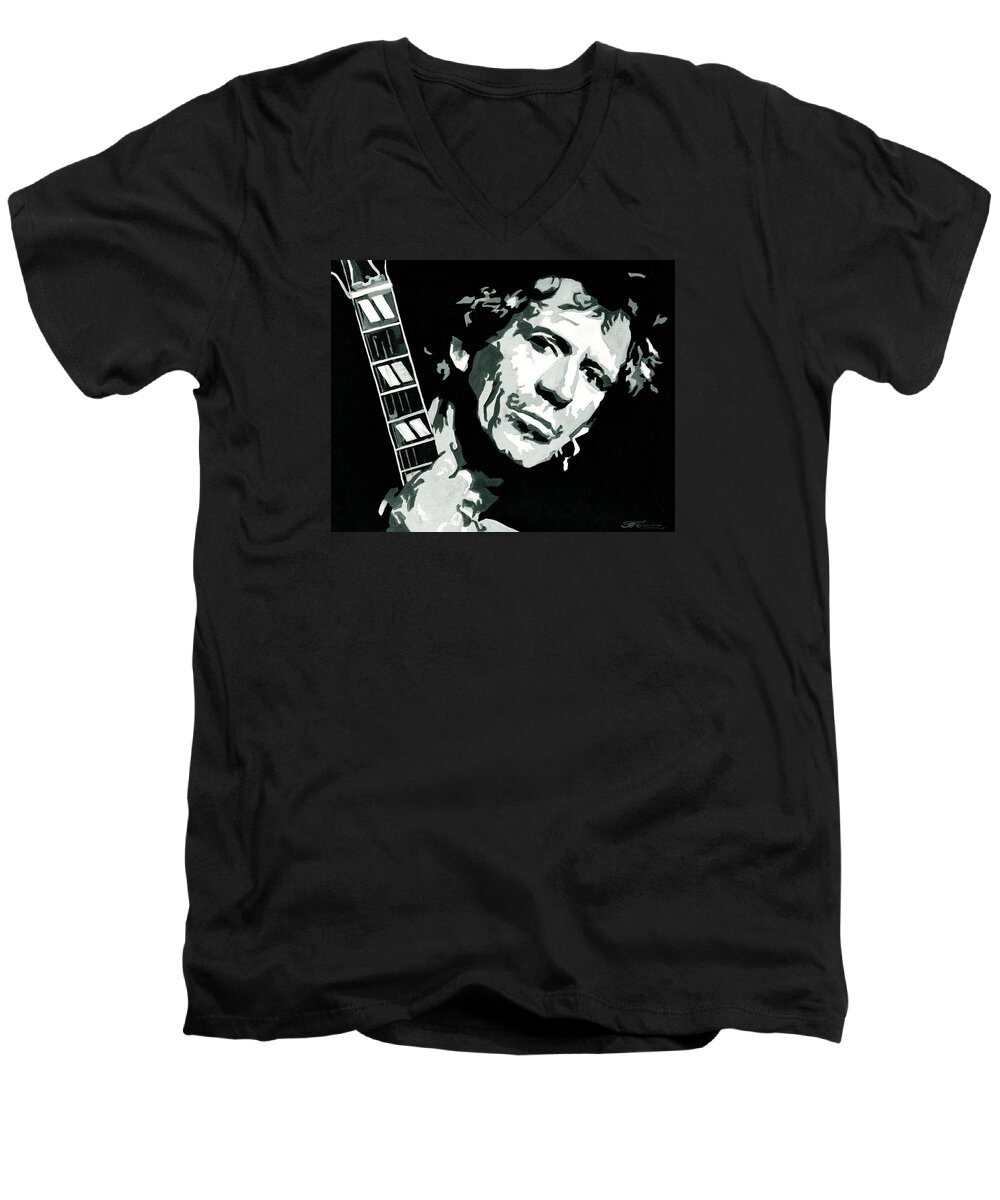 Tanya Filichkin Men's V-Neck T-Shirt featuring the painting Keith Richards The Rock Star by Tanya Filichkin