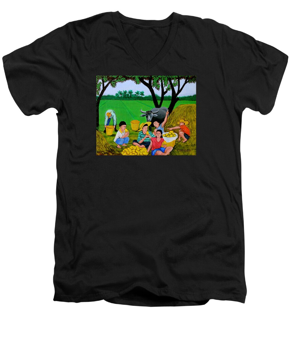 Landscape Men's V-Neck T-Shirt featuring the painting Kids Eating Mangoes by Cyril Maza
