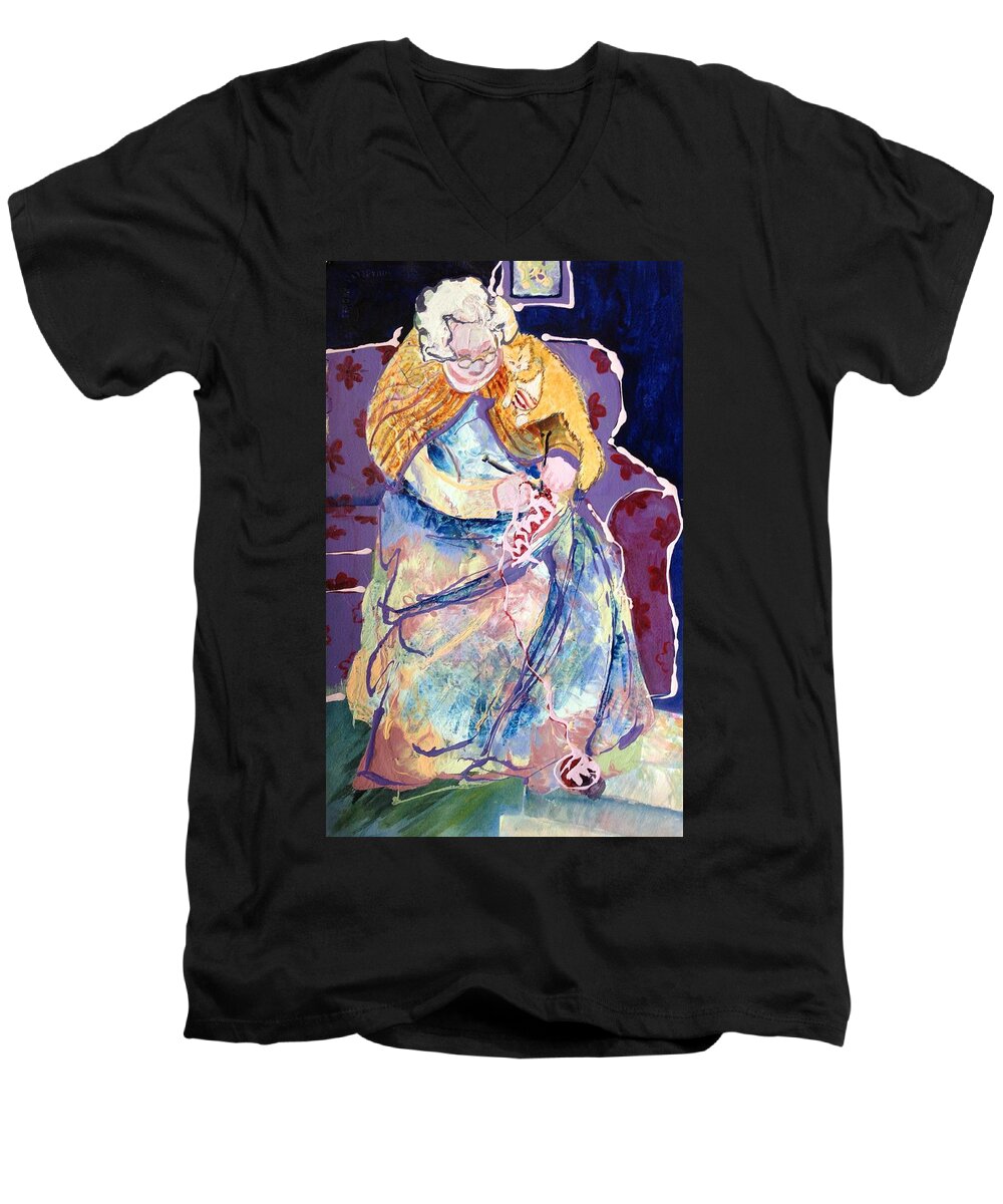 Grandma Men's V-Neck T-Shirt featuring the painting Knitting with Kitty by Marilyn Jacobson