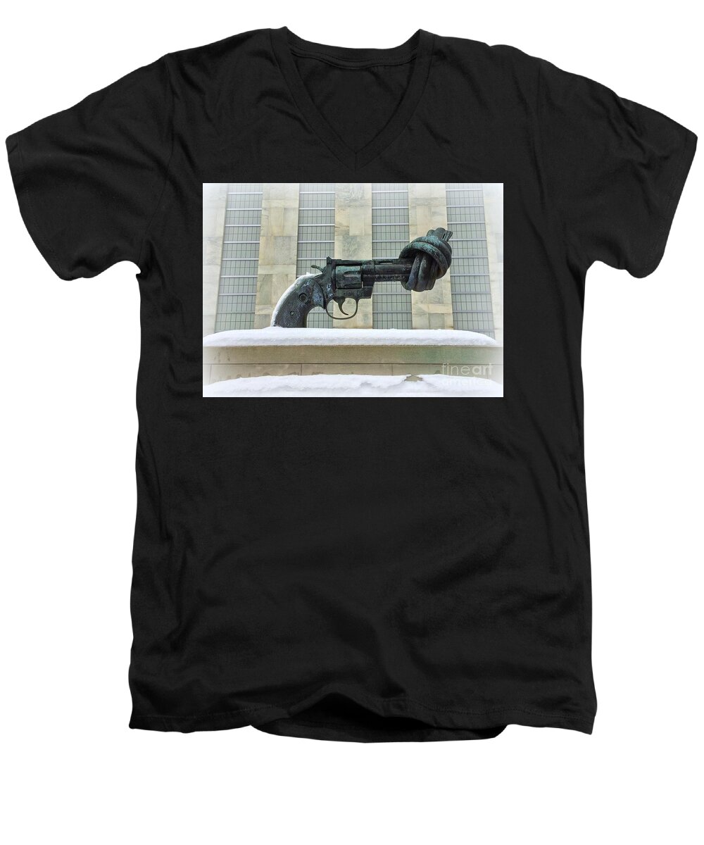 United Nations Men's V-Neck T-Shirt featuring the photograph Knotted Gun Sculpture at the United Nations by Miriam Danar