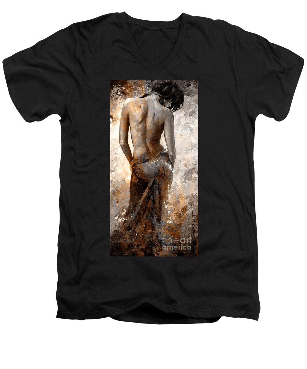 Nude Men's V-Neck T-Shirt featuring the painting Lady in Red #27 digital colored Rust by Emerico Imre Toth
