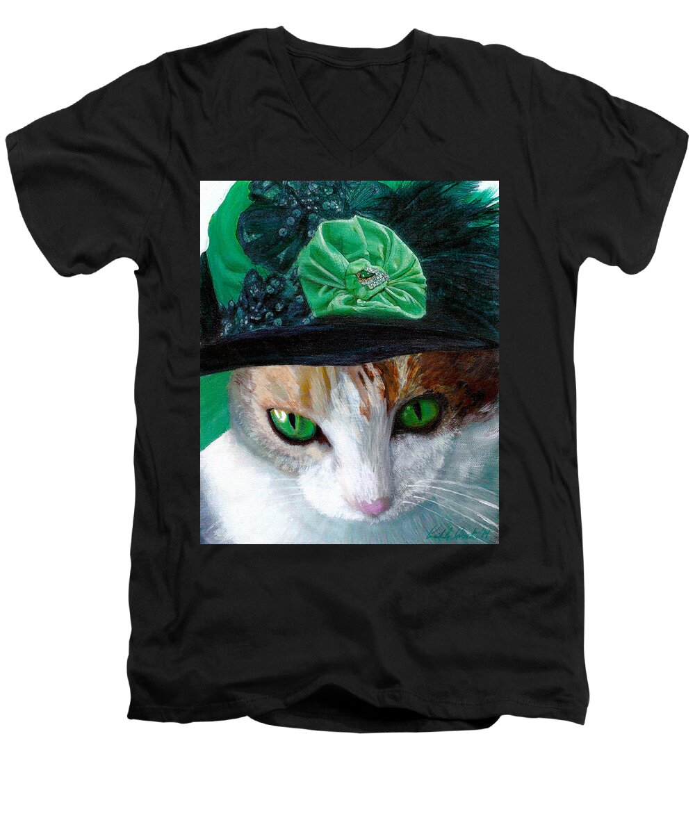 Cats Men's V-Neck T-Shirt featuring the painting Lady Little Girl Cats In Hats by Michele Avanti