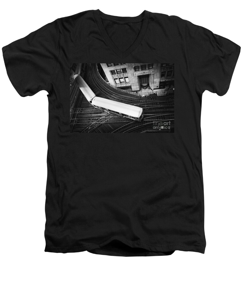 Chicago; Illinois; United States; America; United States Of America; Usa; Us; Lake Michigan; Lake Street; Wells Street; Windy City; City; Building; Architecture; View; El; Train; Subway; Train Tracks; Tracks; Turn; Bend; Top; Commute; Elevated; Loop Men's V-Neck T-Shirt featuring the photograph Lake and Wells by Margie Hurwich