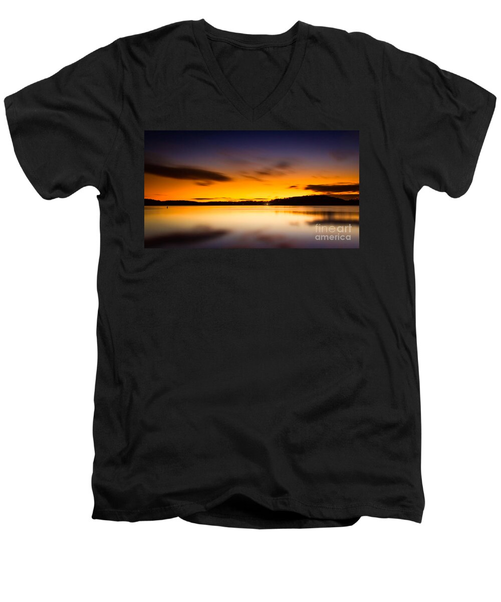 Lake-lanier Men's V-Neck T-Shirt featuring the photograph Lake Lanier Sunrise by Bernd Laeschke