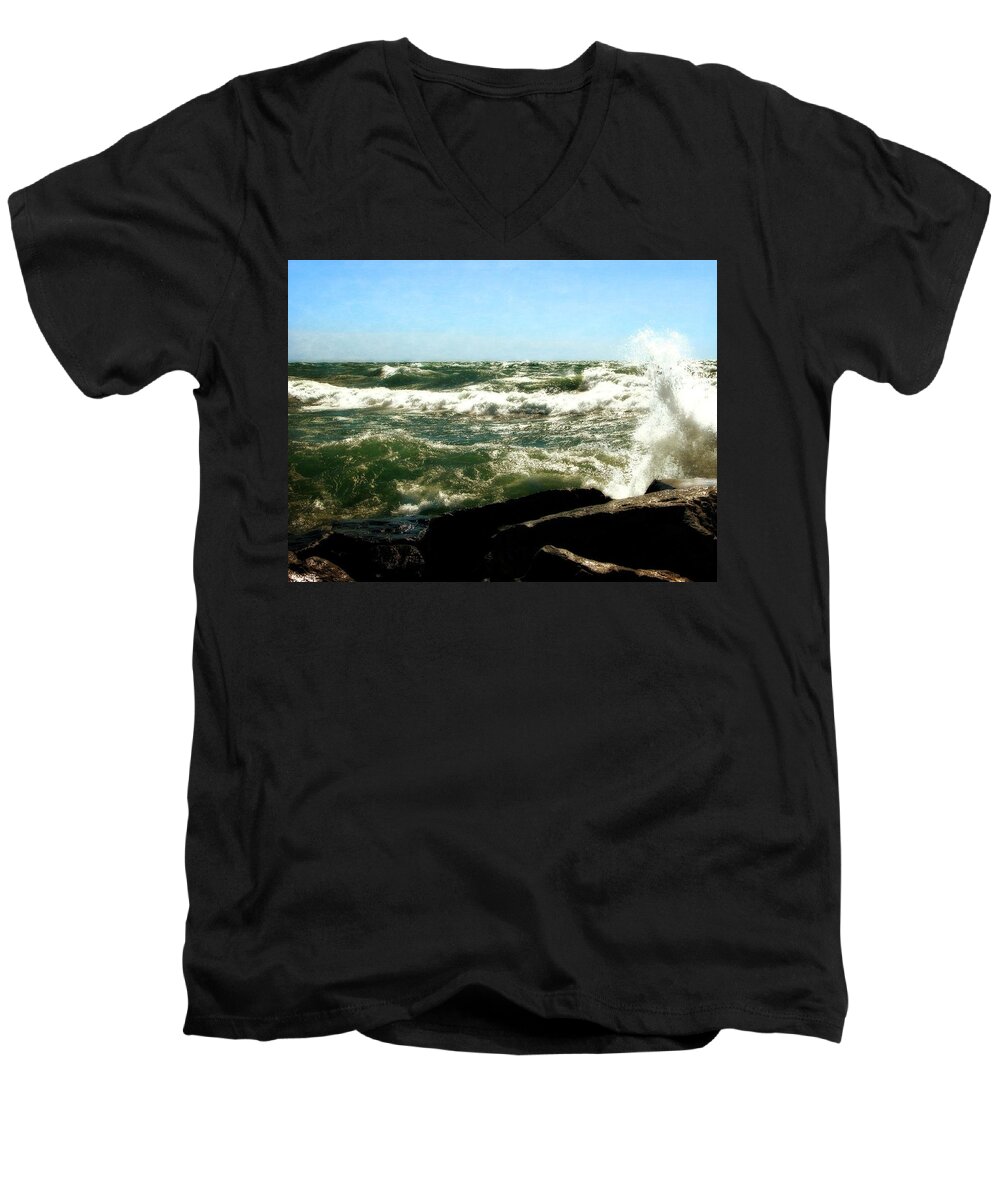Lakes Men's V-Neck T-Shirt featuring the photograph Lake Michigan in an Angry Mood by Michelle Calkins