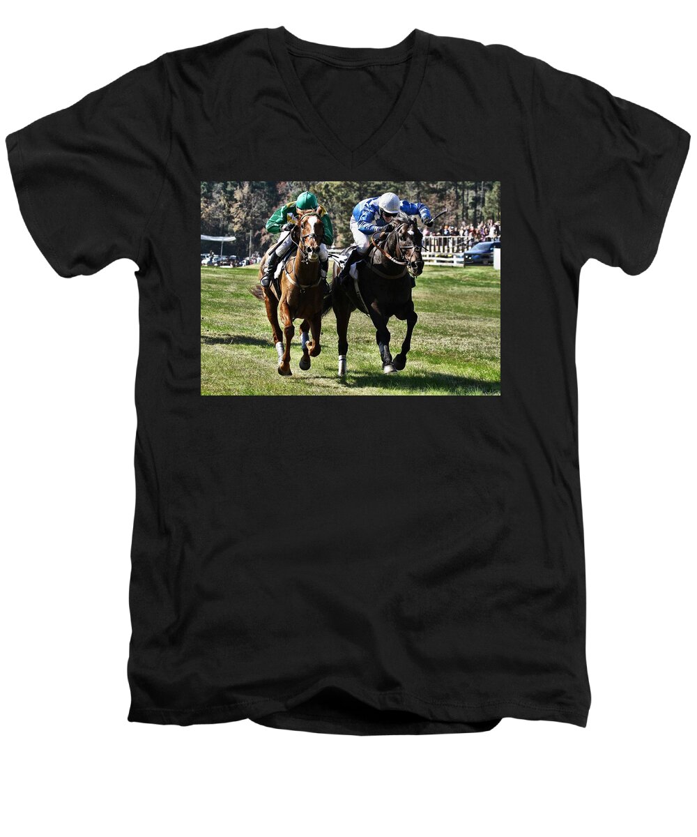 Steeplechase Men's V-Neck T-Shirt featuring the photograph Last one to the finish line is a rotten egg by Robert L Jackson
