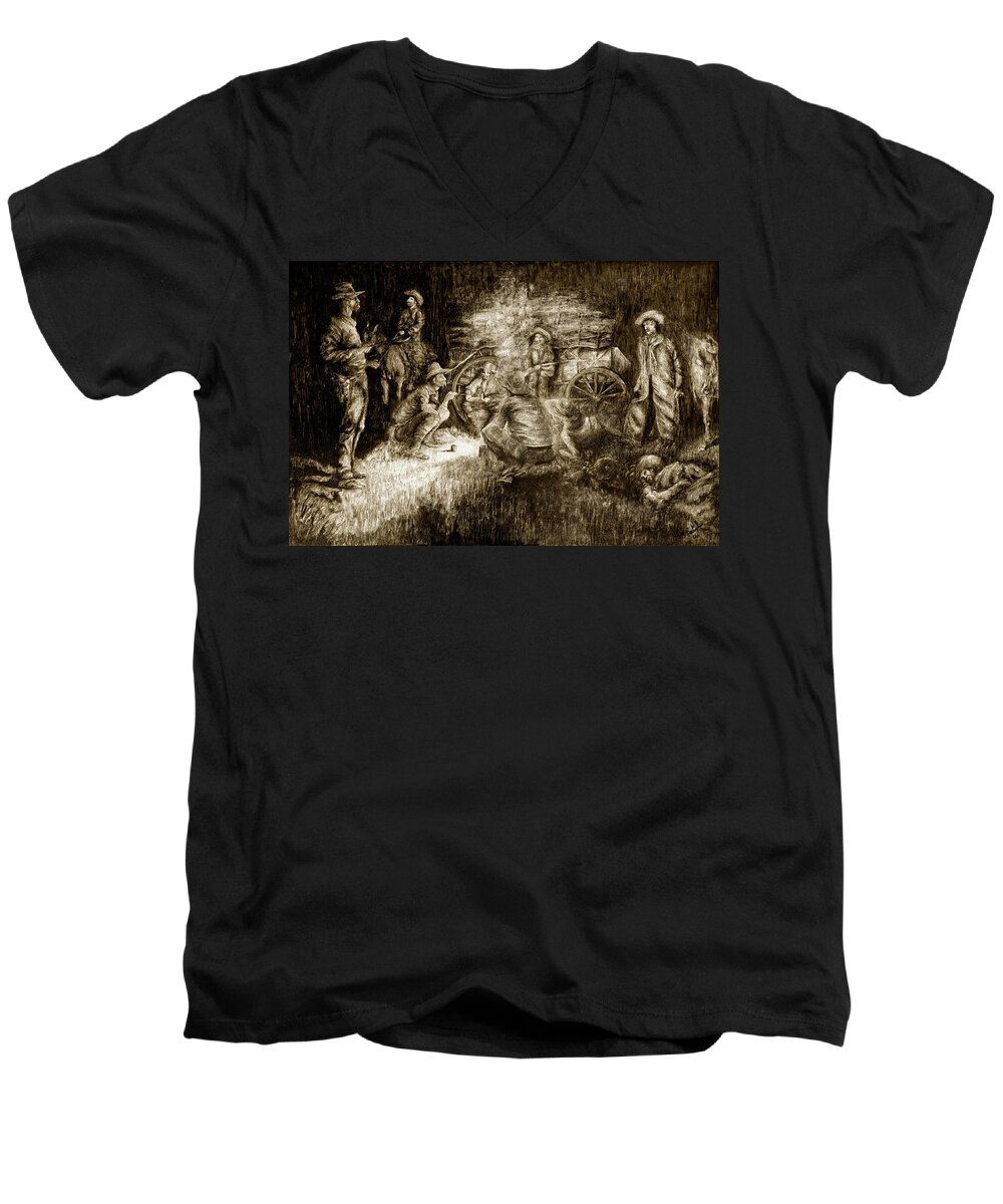 Texas Men's V-Neck T-Shirt featuring the drawing Late Dinner #1 by Erich Grant