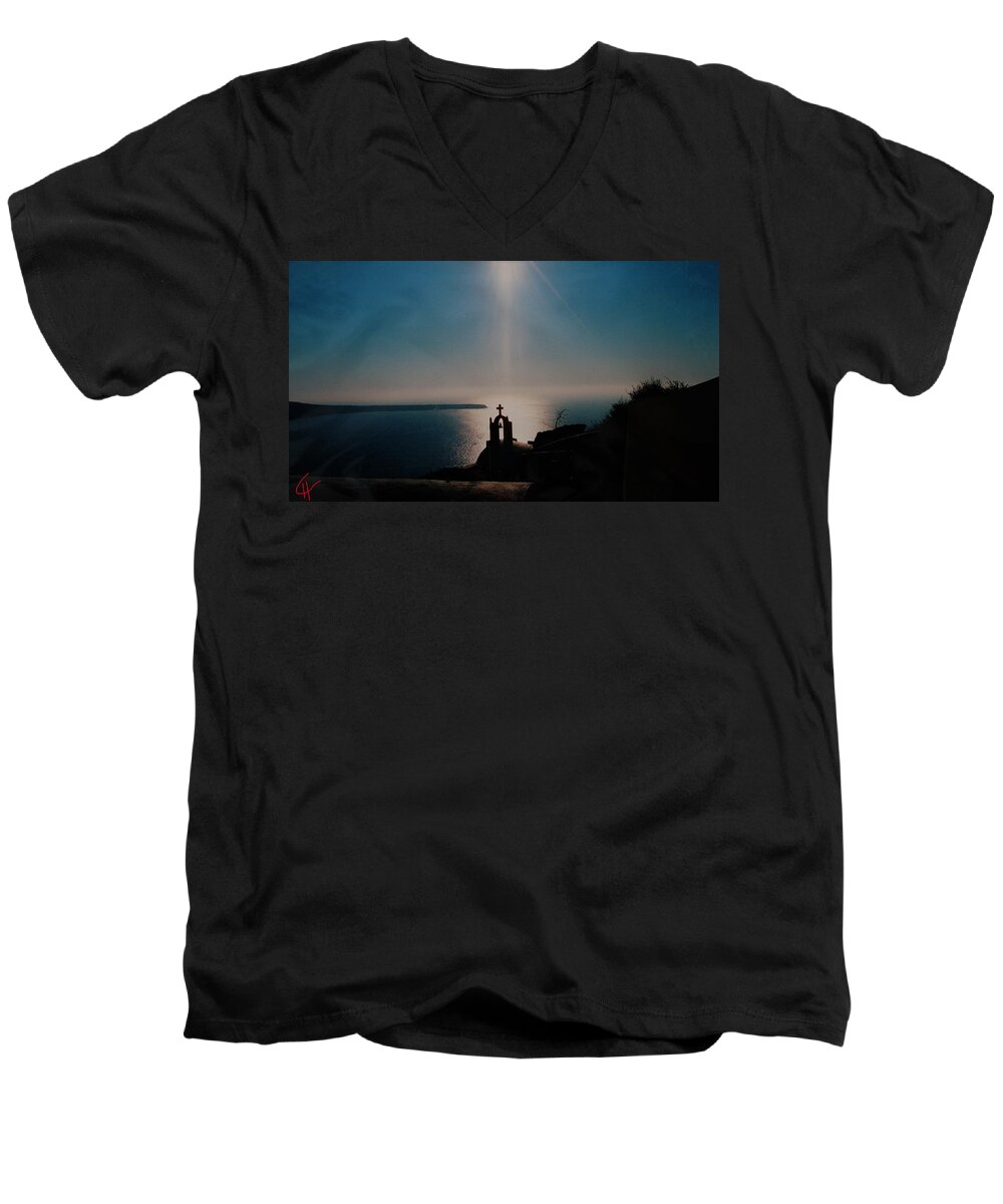 Colette Men's V-Neck T-Shirt featuring the photograph Late Evening Meditation on Santorini island Greece by Colette V Hera Guggenheim