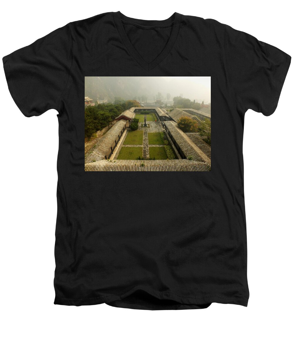 Great Wall Men's V-Neck T-Shirt featuring the photograph Late Morning Fog at The Great Wall by Lucinda Walter