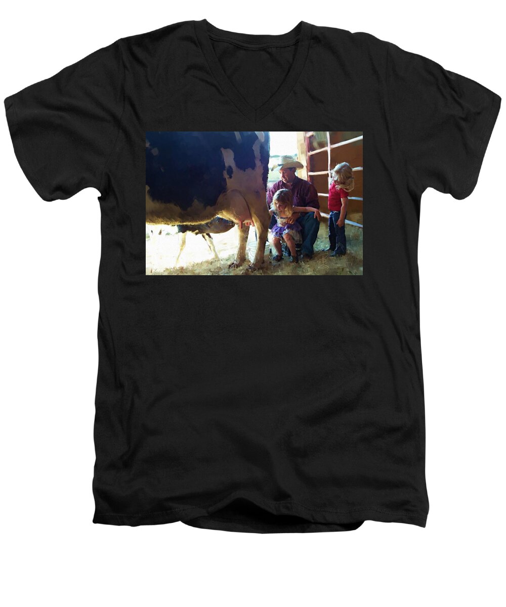 Animal Men's V-Neck T-Shirt featuring the digital art Learning how to get milk by Debra Baldwin