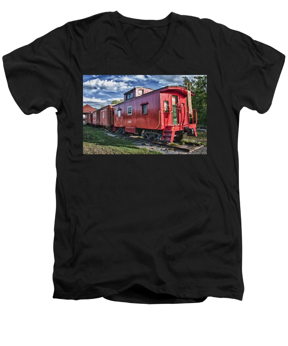 Guy Whiteley Photography Men's V-Neck T-Shirt featuring the photograph Little Red Caboose by Guy Whiteley