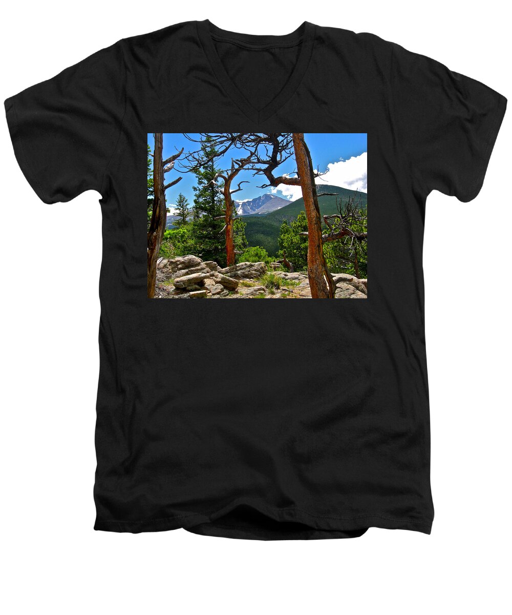Photo Men's V-Neck T-Shirt featuring the photograph Longs Peak by Dan Miller