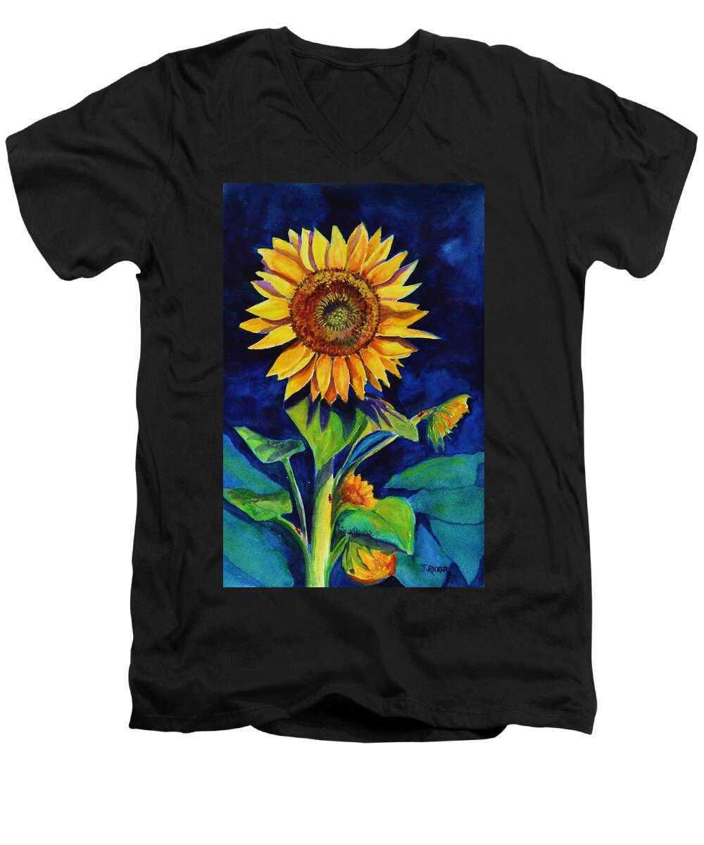 Sun Men's V-Neck T-Shirt featuring the painting Midnight Sunflower by Jane Ricker
