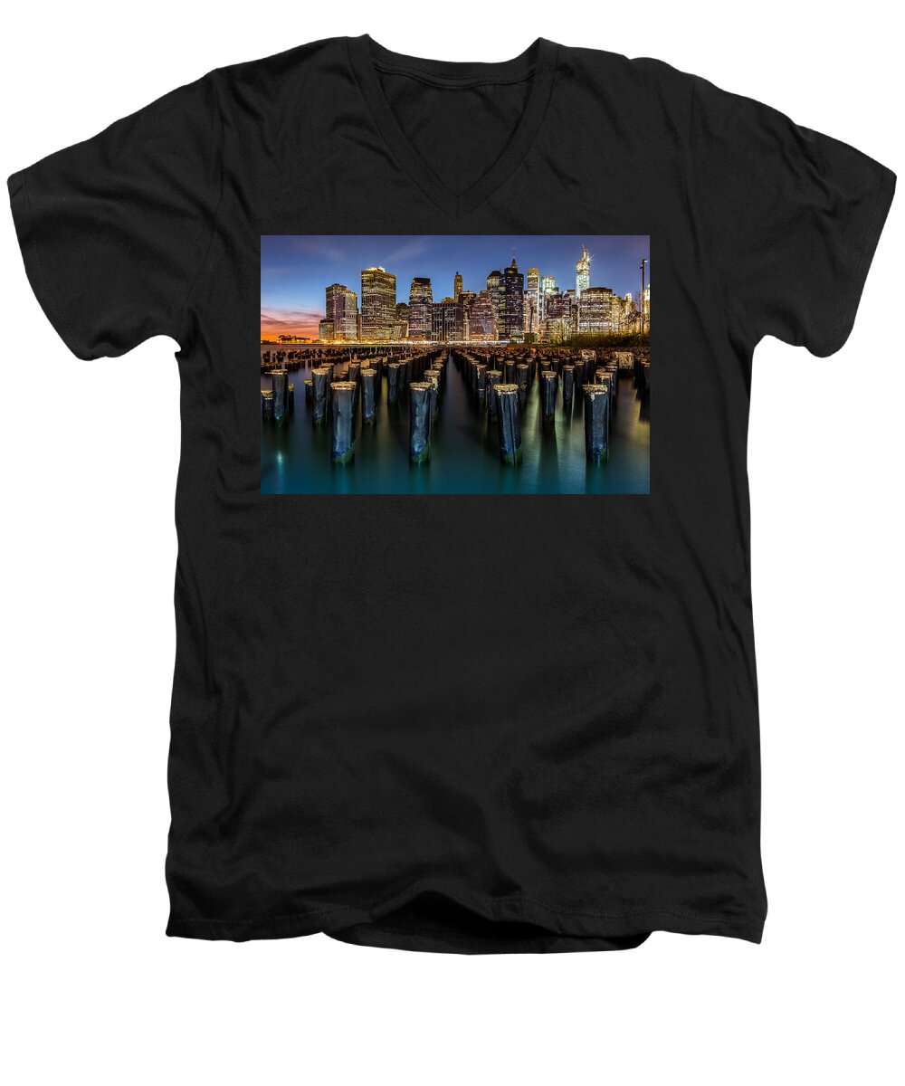 America Men's V-Neck T-Shirt featuring the photograph Lower Manhattan by Mihai Andritoiu