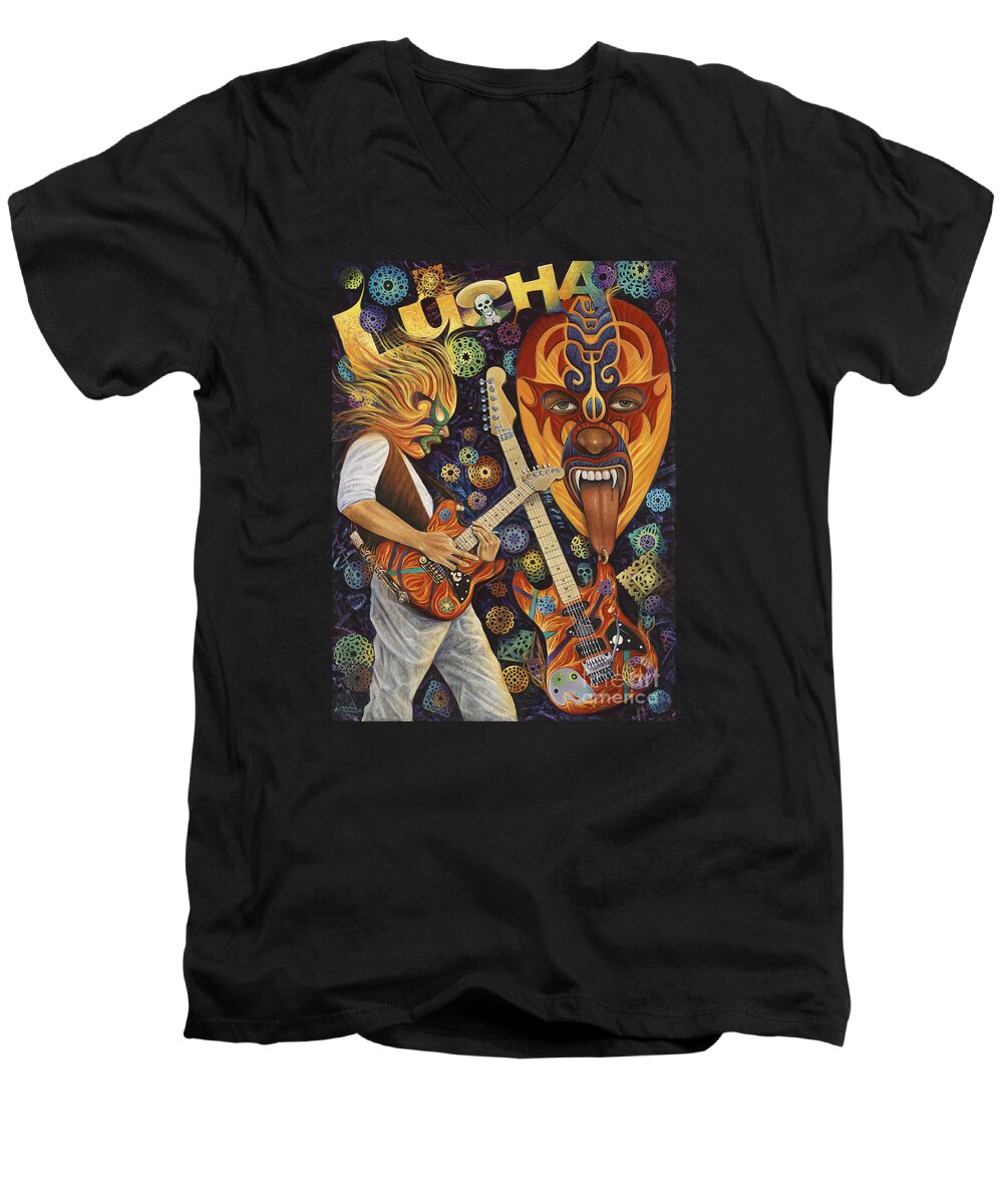 Lucha Men's V-Neck T-Shirt featuring the painting Lucha Rock by Ricardo Chavez-Mendez