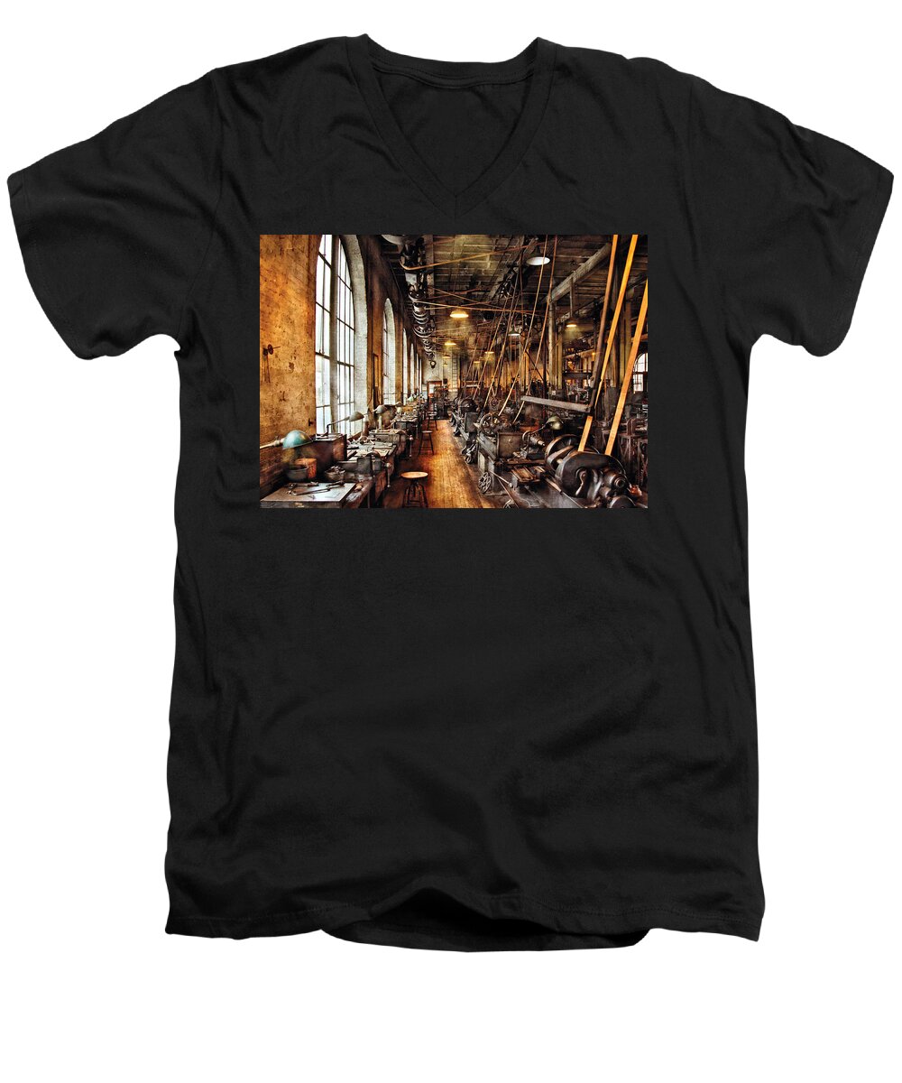 Machinist Men's V-Neck T-Shirt featuring the photograph Machinist - Machine Shop Circa 1900's by Mike Savad