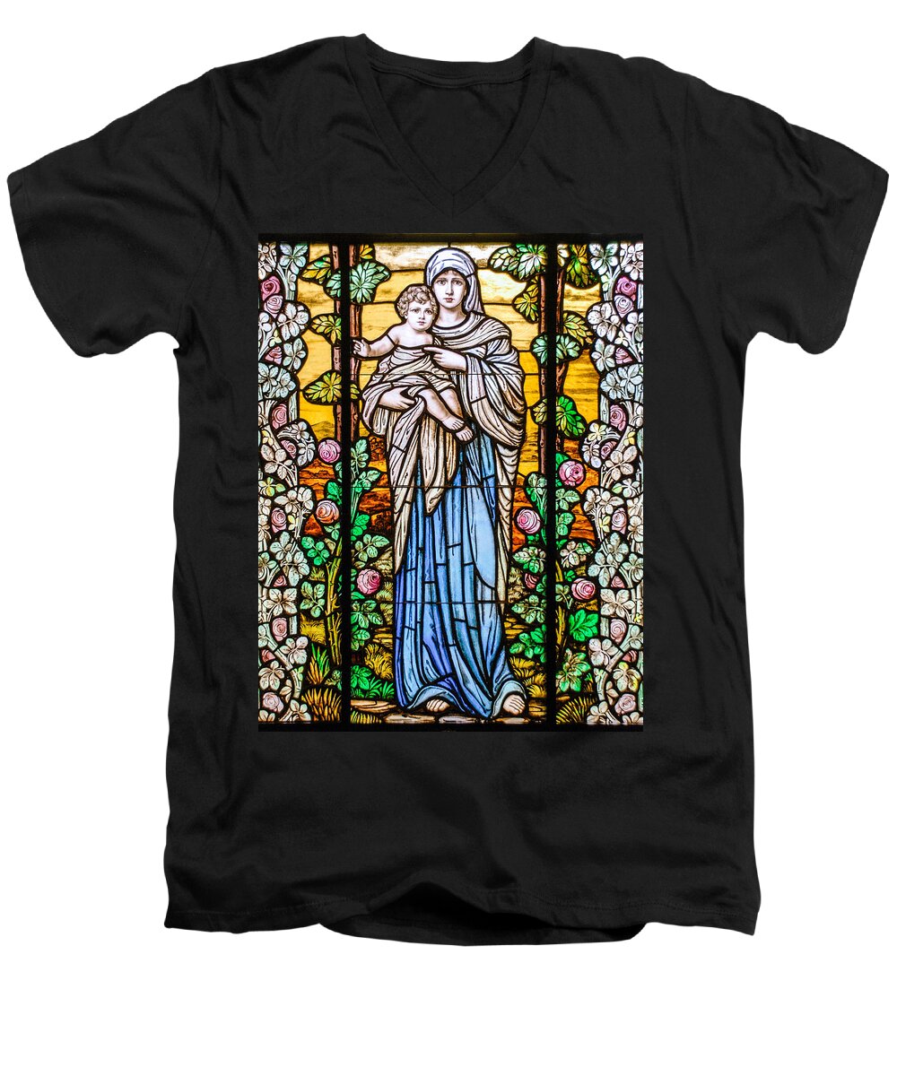 Stained Glass Window Men's V-Neck T-Shirt featuring the photograph Madonna and Child by Larry Ward