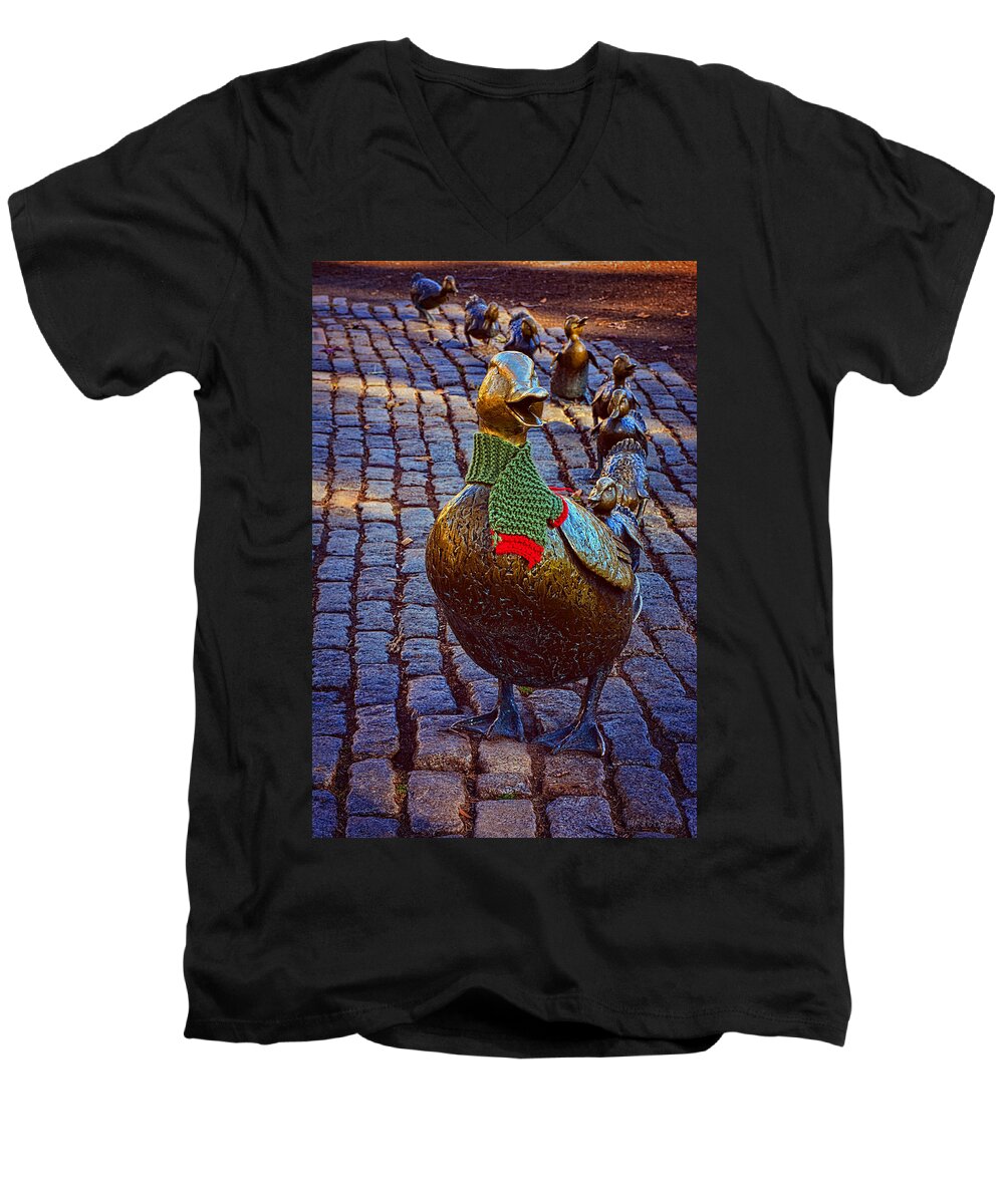 Duck Men's V-Neck T-Shirt featuring the pastel Make Way for Ducklings by Mike Martin