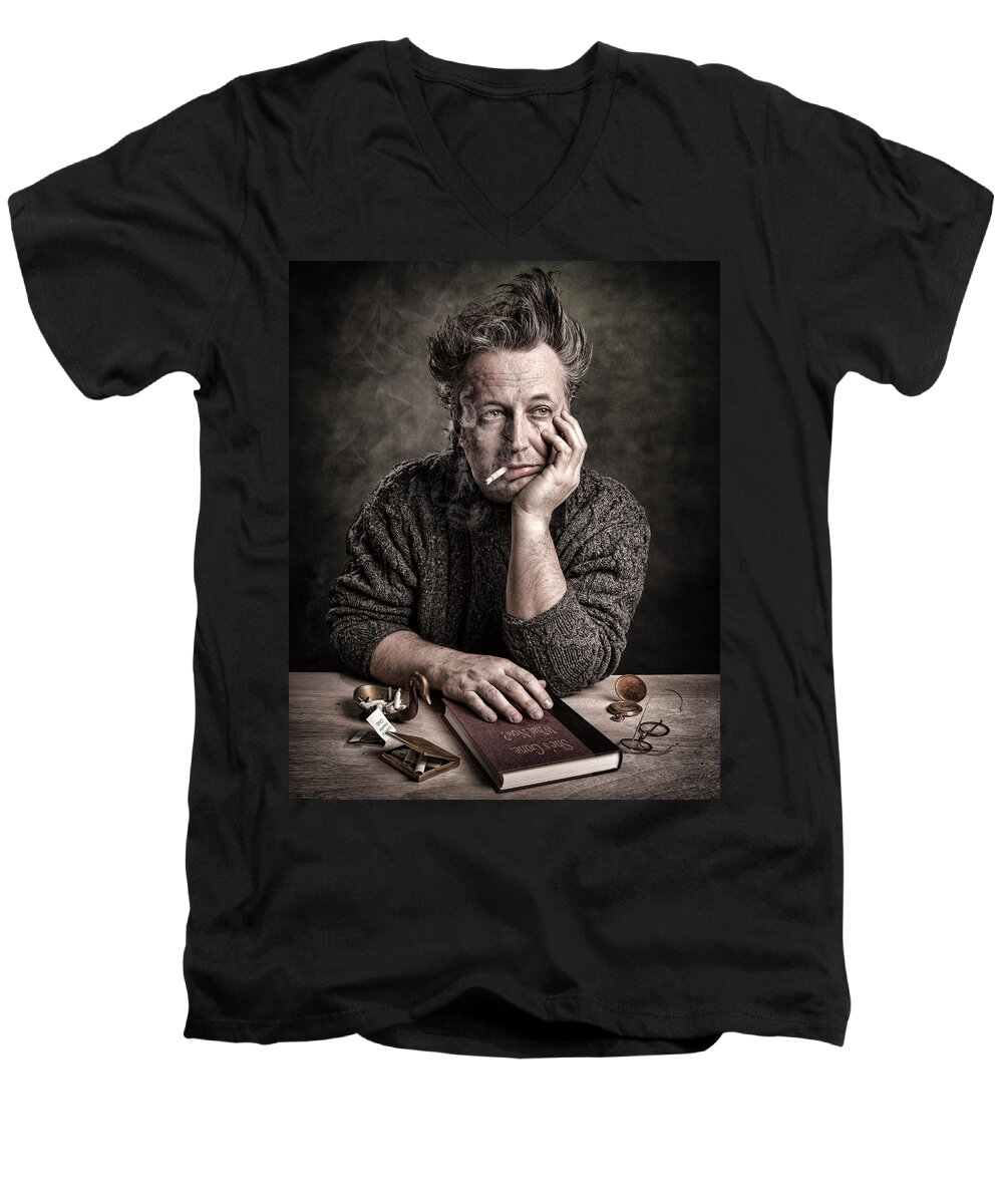 Self Portraits Men's V-Neck T-Shirt featuring the photograph Man at the table - Lonely Hearts Club by Gary Heller