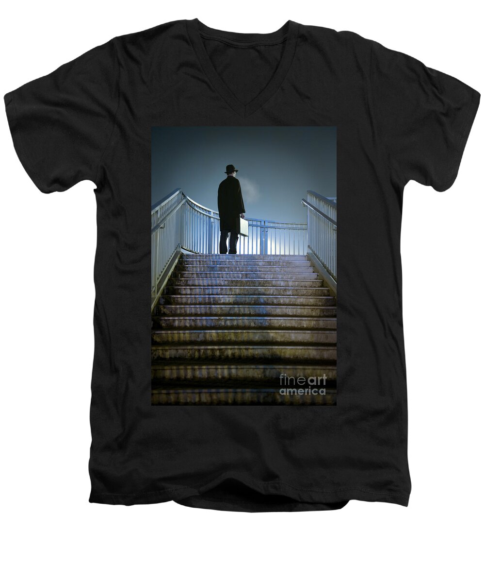 Man Men's V-Neck T-Shirt featuring the photograph Man With Case At Night On Stairs by Lee Avison