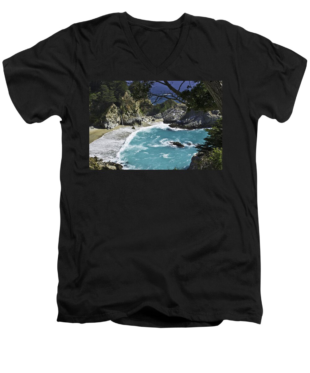 Waterfall Men's V-Neck T-Shirt featuring the photograph McWay Falls - Big Sur by Paul Riedinger