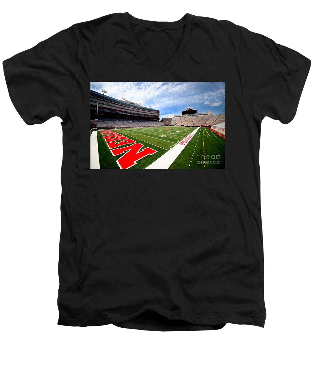 Nebraska Men's V-Neck T-Shirt featuring the photograph Nebraska Husker Memorial Stadium Lincoln Nebraska by Jennifer Camp
