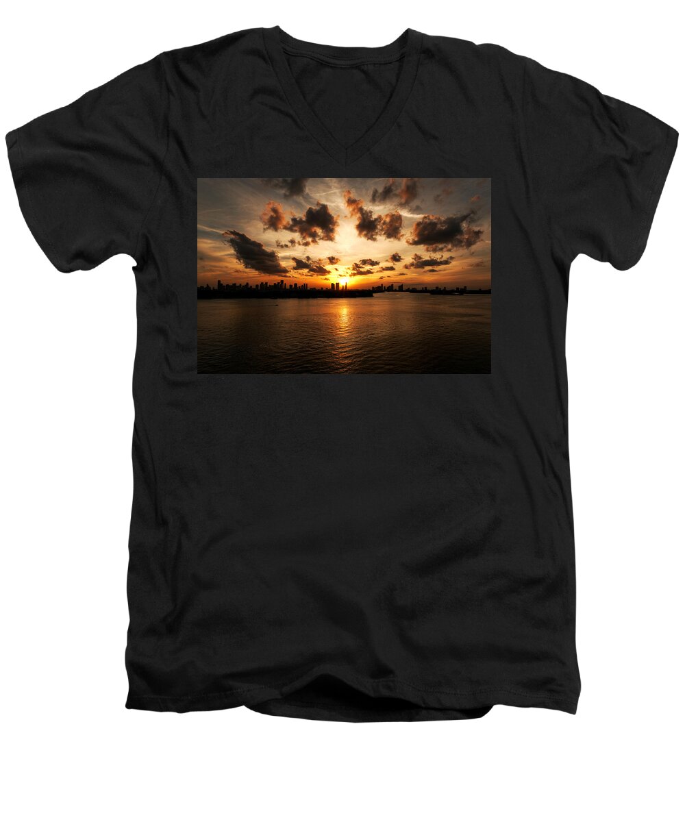 Miami Beach Men's V-Neck T-Shirt featuring the photograph Miami Skyline Sunset by Gary Dean Mercer Clark
