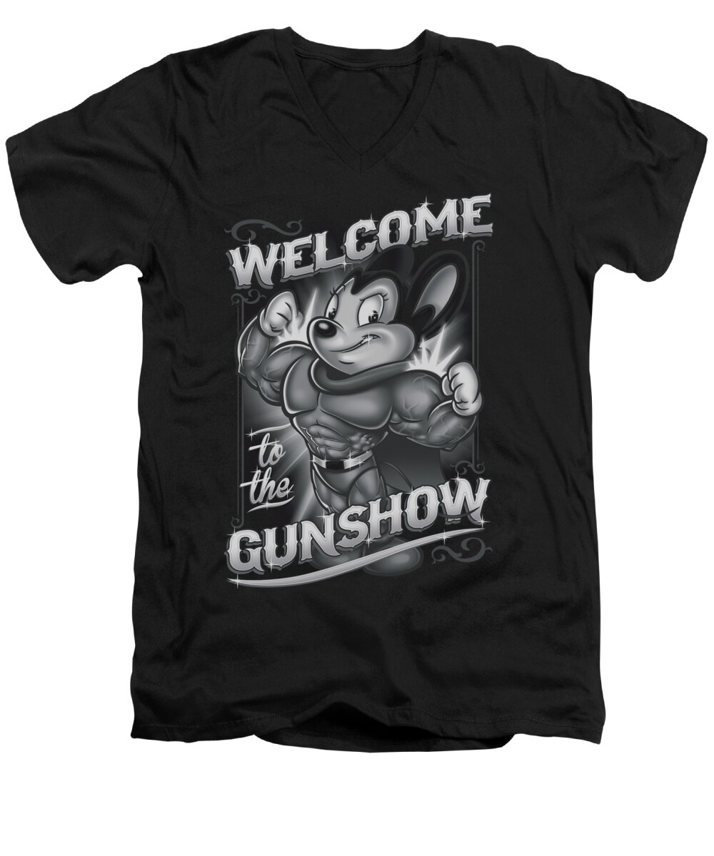 Mighty Mouse Men's V-Neck T-Shirt featuring the digital art Mighty Mouse - Mighty Gunshow by Brand A