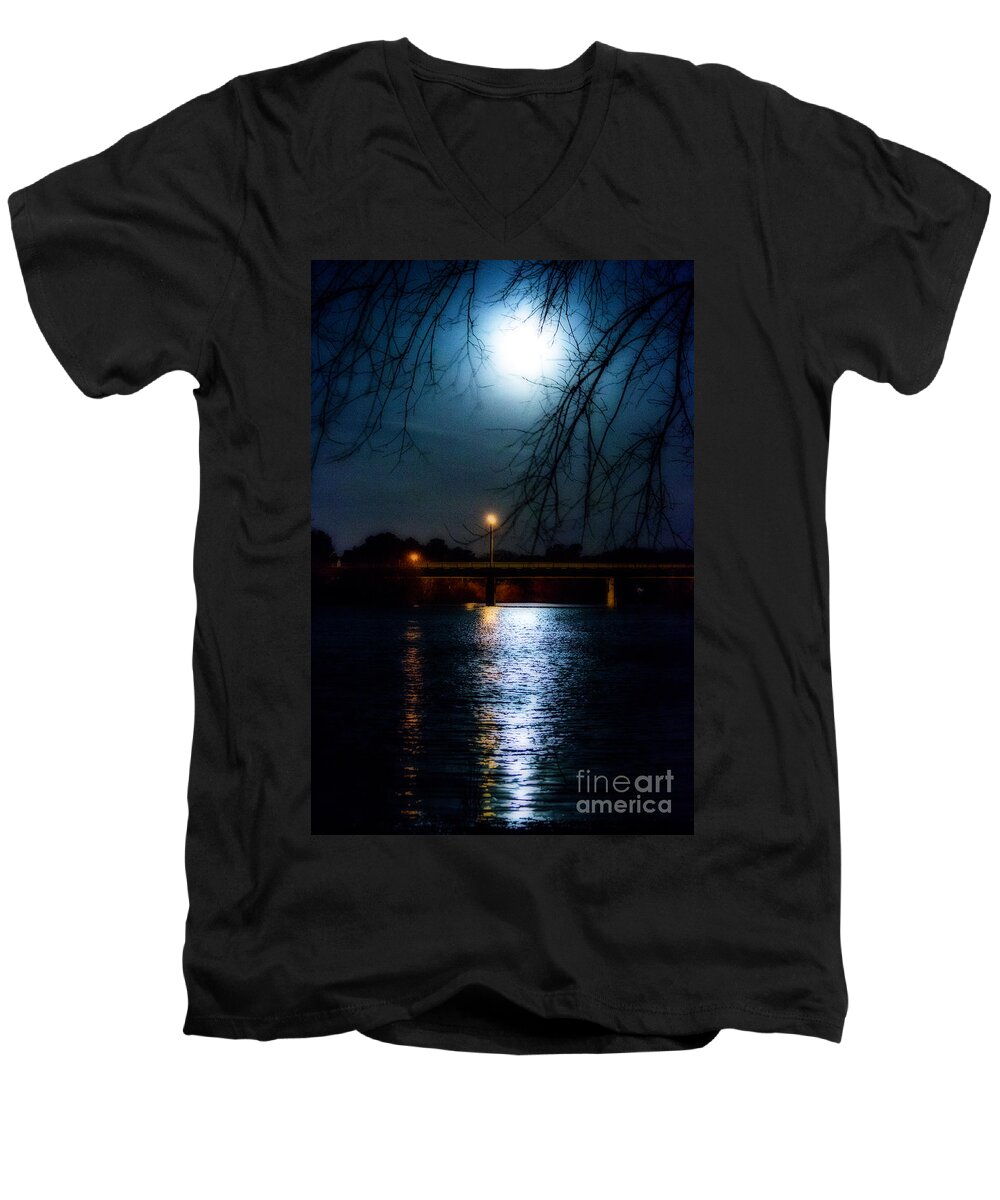 Moon Men's V-Neck T-Shirt featuring the photograph Moon Set Lake Pleasurehouse by Angela DeFrias