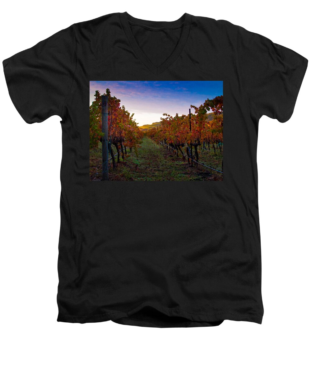 Nature Men's V-Neck T-Shirt featuring the photograph Morning at the Vineyard by Bill Gallagher