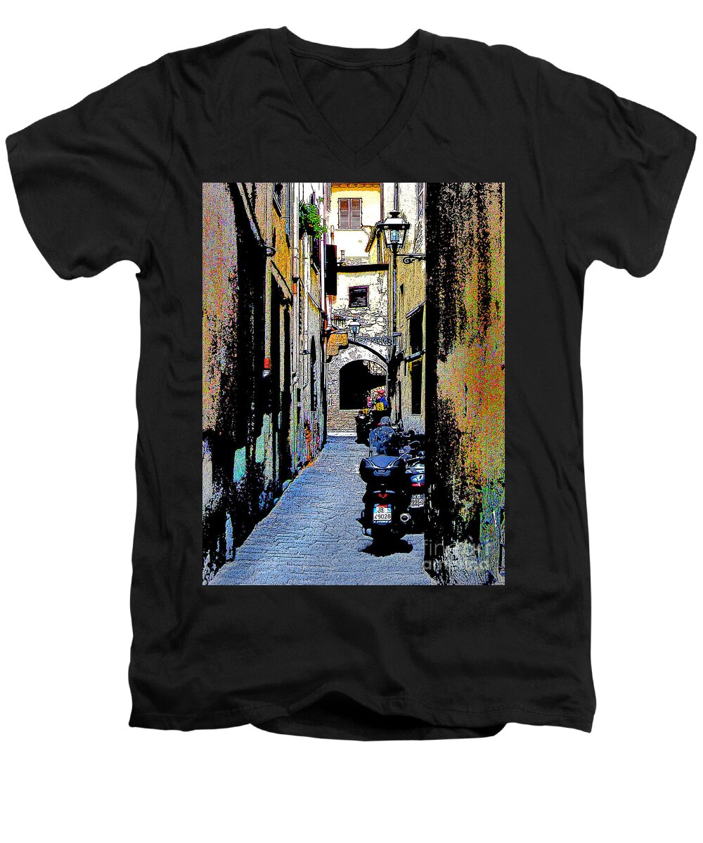Florence Men's V-Neck T-Shirt featuring the digital art Motorcyle in Florence Alley by Jennie Breeze