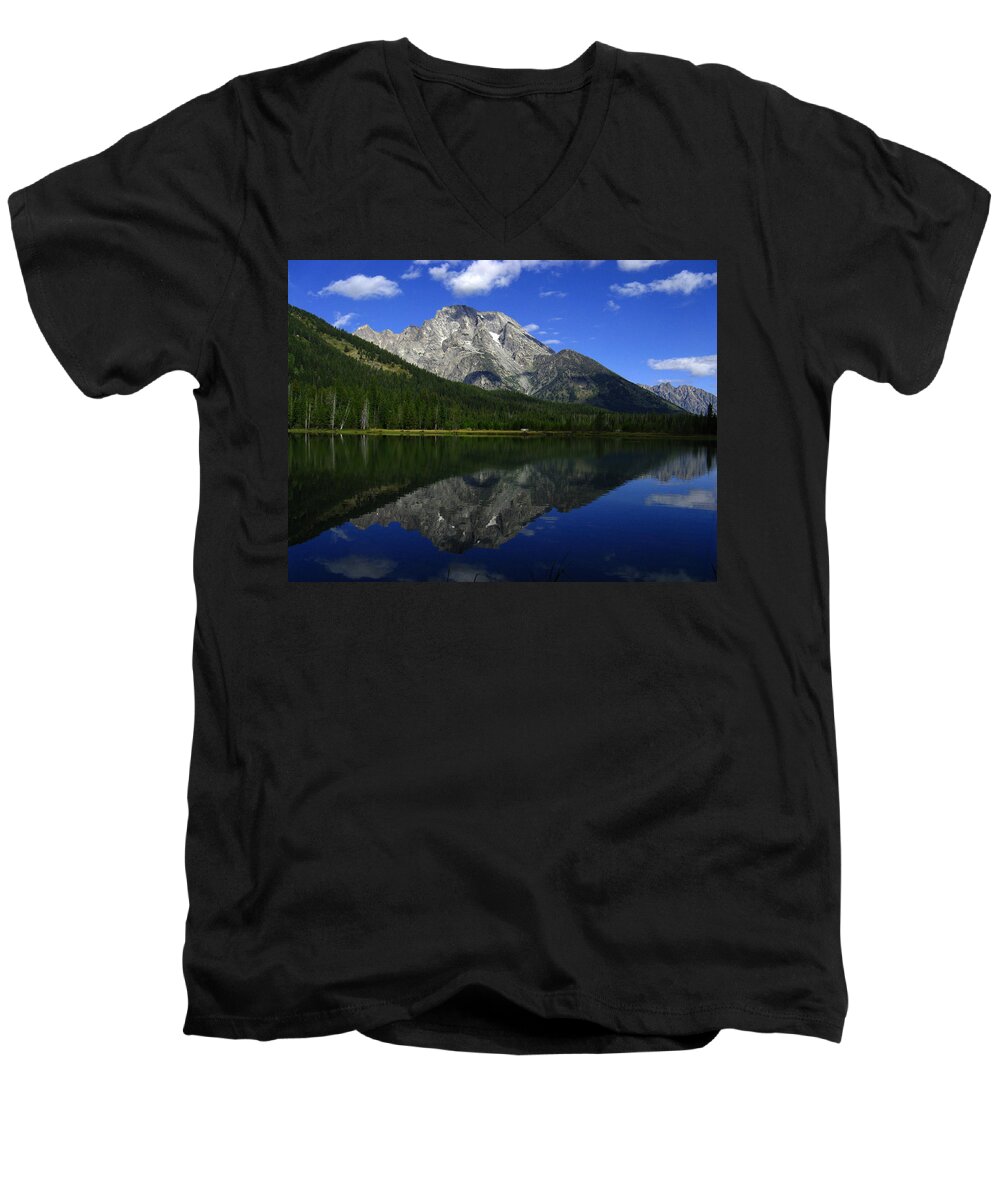 Mount Moran Men's V-Neck T-Shirt featuring the photograph Mount Moran and String Lake by Raymond Salani III
