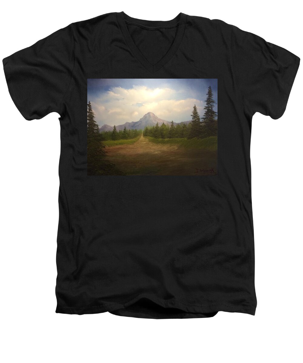 Landscape. Oil Painting. Mountains Sky. Clouds. Evergreens. Men's V-Neck T-Shirt featuring the painting Mountain run road by Justin Wozniak
