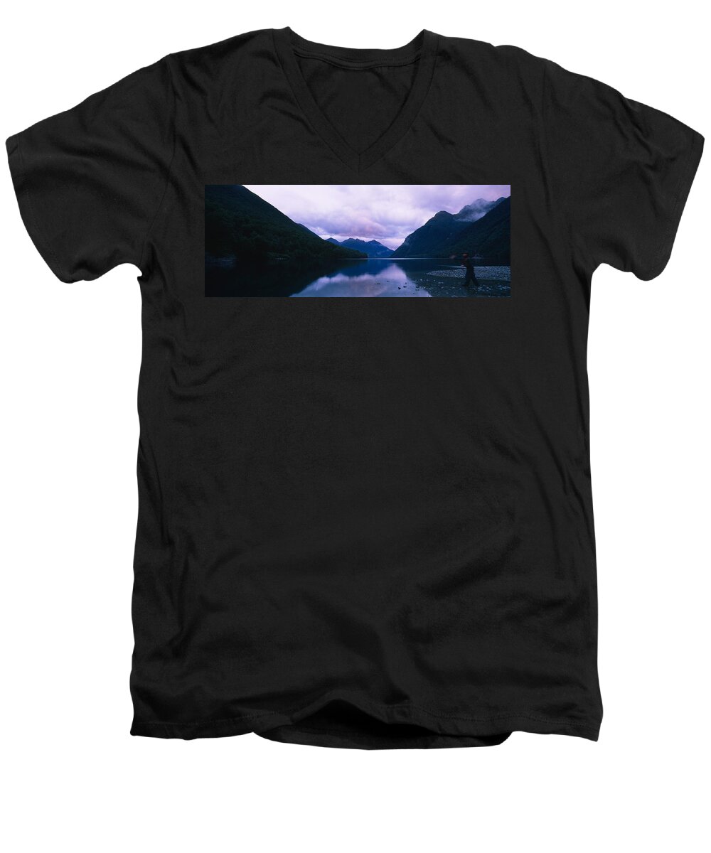 Photography Men's V-Neck T-Shirt featuring the photograph Mountains Overlooking A Lake by Panoramic Images