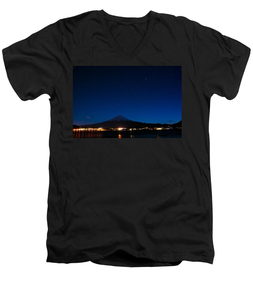 Asia Men's V-Neck T-Shirt featuring the photograph Mt Fuji under the stars by Matt Swinden