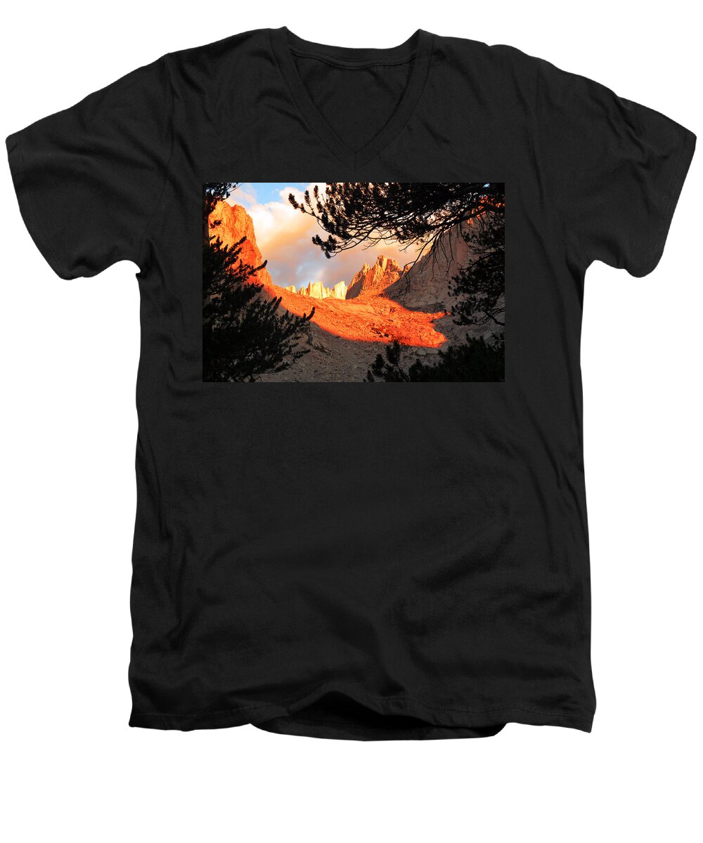 Mt. Men's V-Neck T-Shirt featuring the photograph Mt. Whitney Sunrise by Alan Socolik