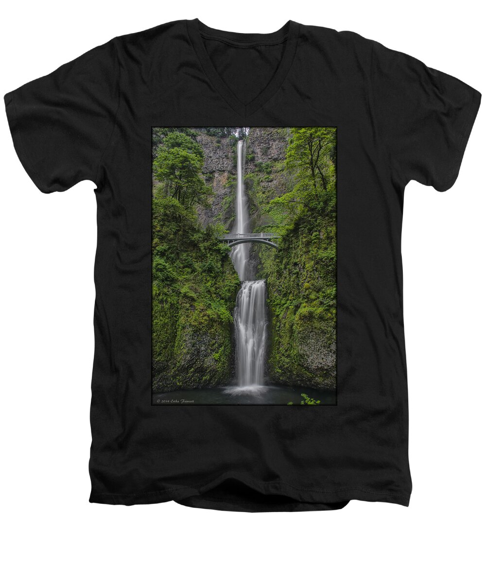Waterfall Men's V-Neck T-Shirt featuring the photograph Multnomah Falls by Erika Fawcett
