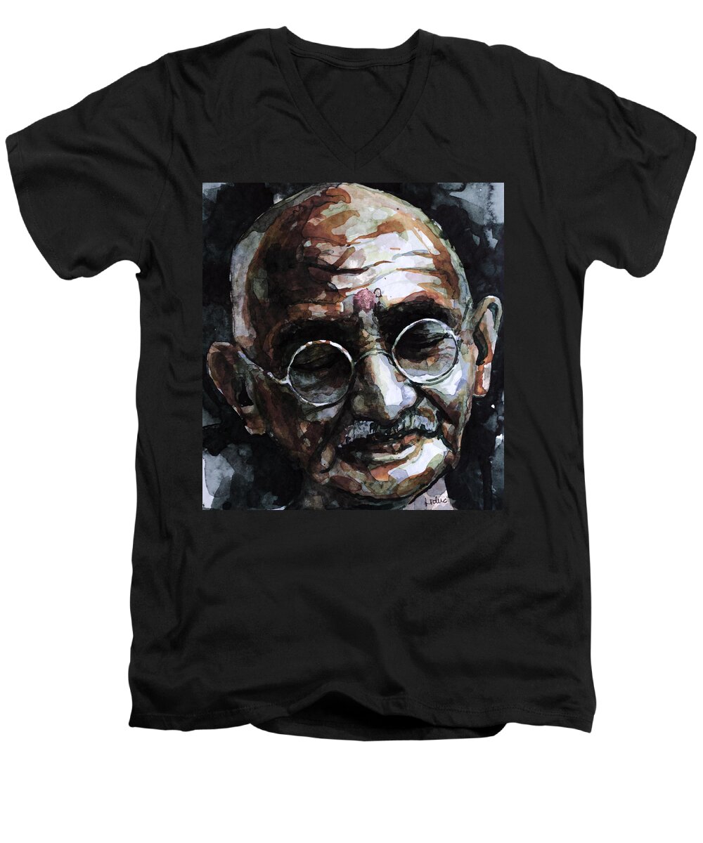Gandhi Men's V-Neck T-Shirt featuring the painting My Life is My Message by Laur Iduc