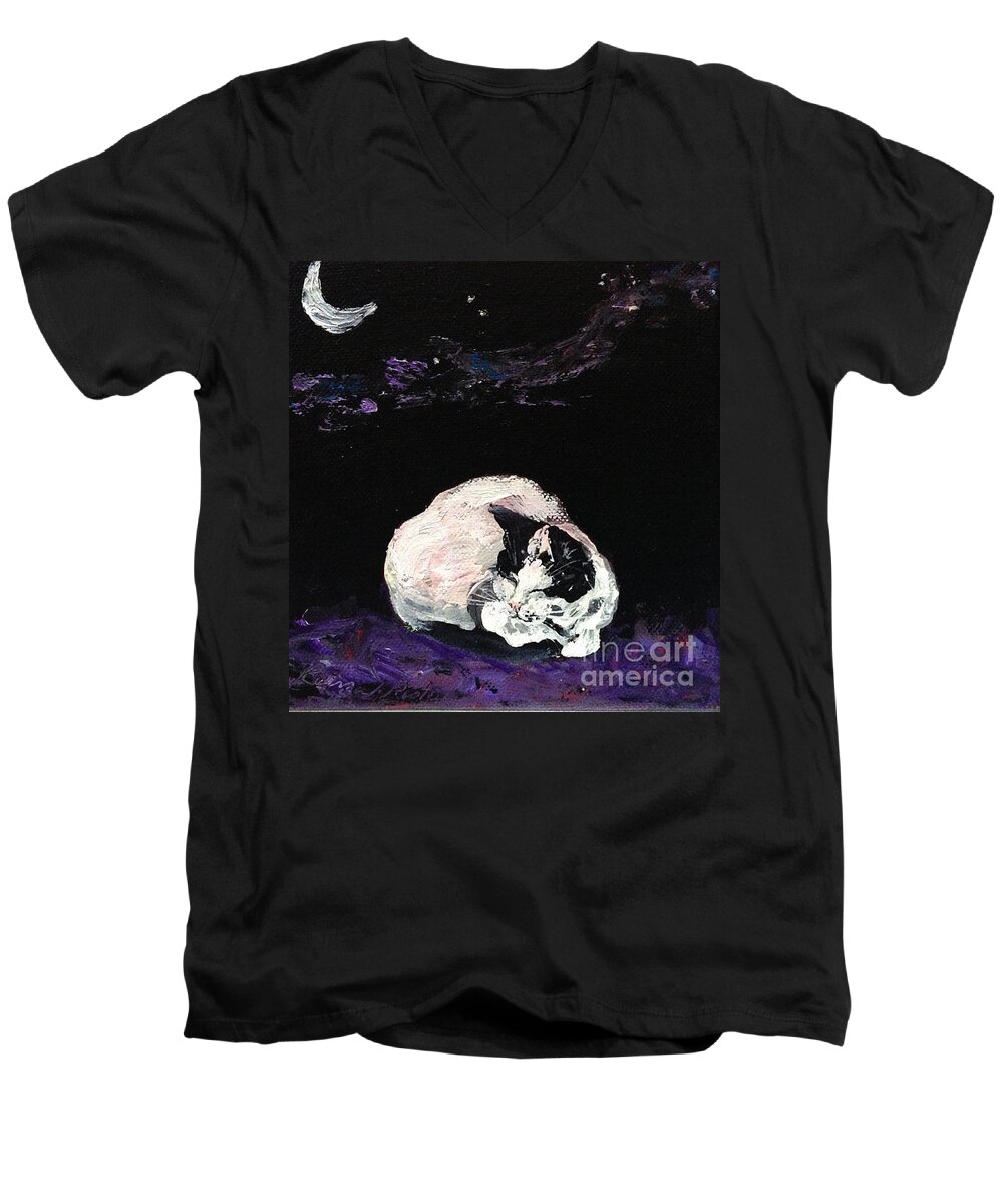 Sleeping Artwork Men's V-Neck T-Shirt featuring the painting Mystic cat nap by Reina Resto