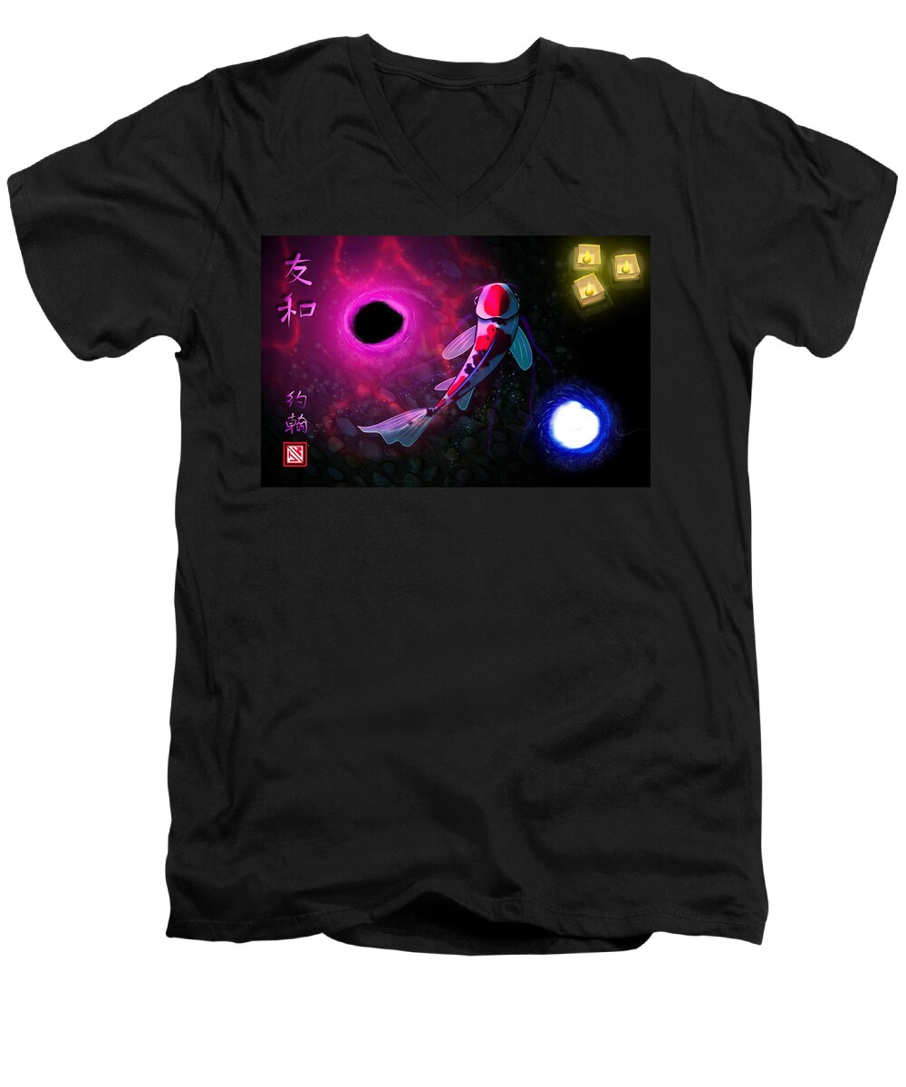 Koi Men's V-Neck T-Shirt featuring the digital art Mystical yin yang energy pond by John Wills
