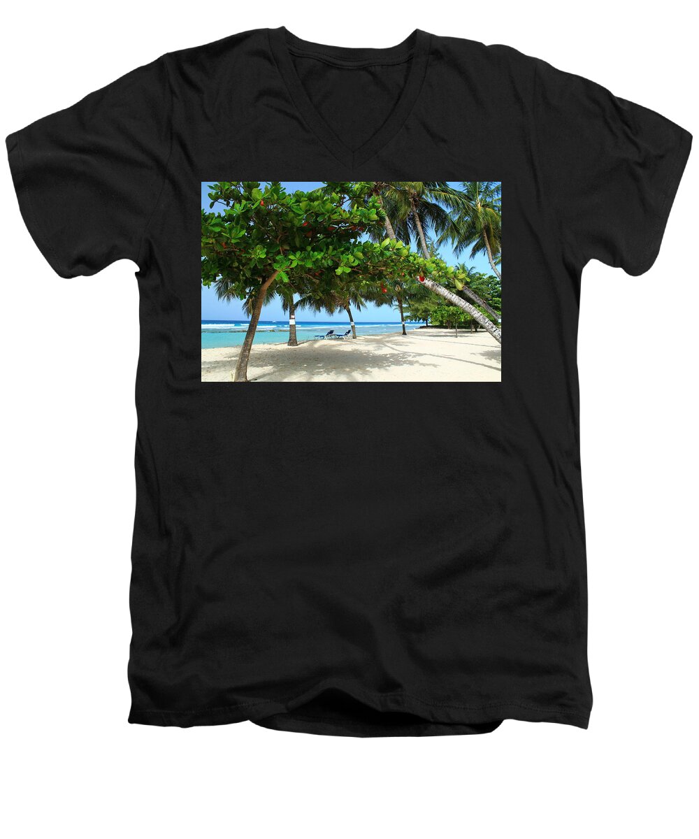 Barbados Men's V-Neck T-Shirt featuring the photograph Natures Umbrella Tree by Catie Canetti