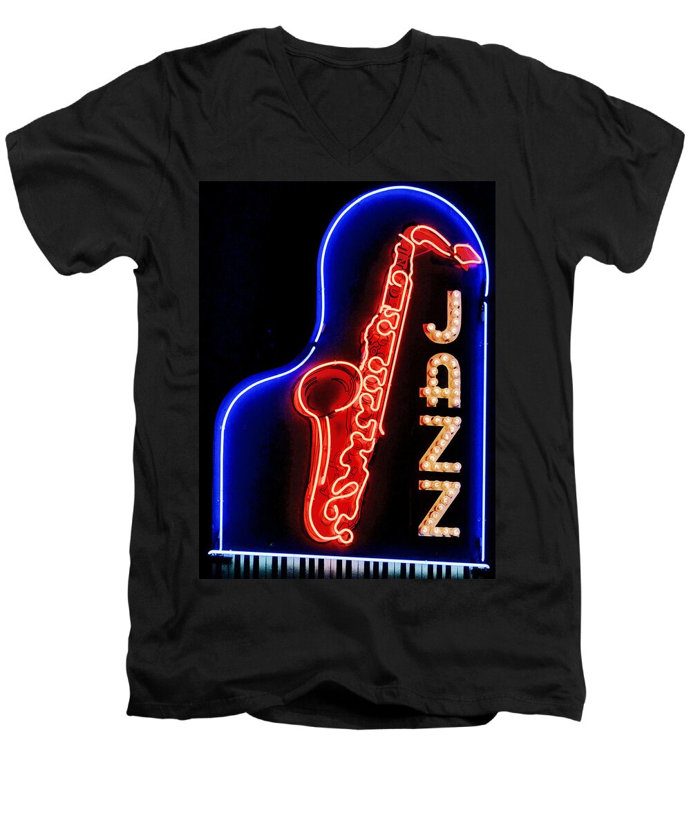 Neon Signs Men's V-Neck T-Shirt featuring the photograph Neon Jazz by Nadalyn Larsen