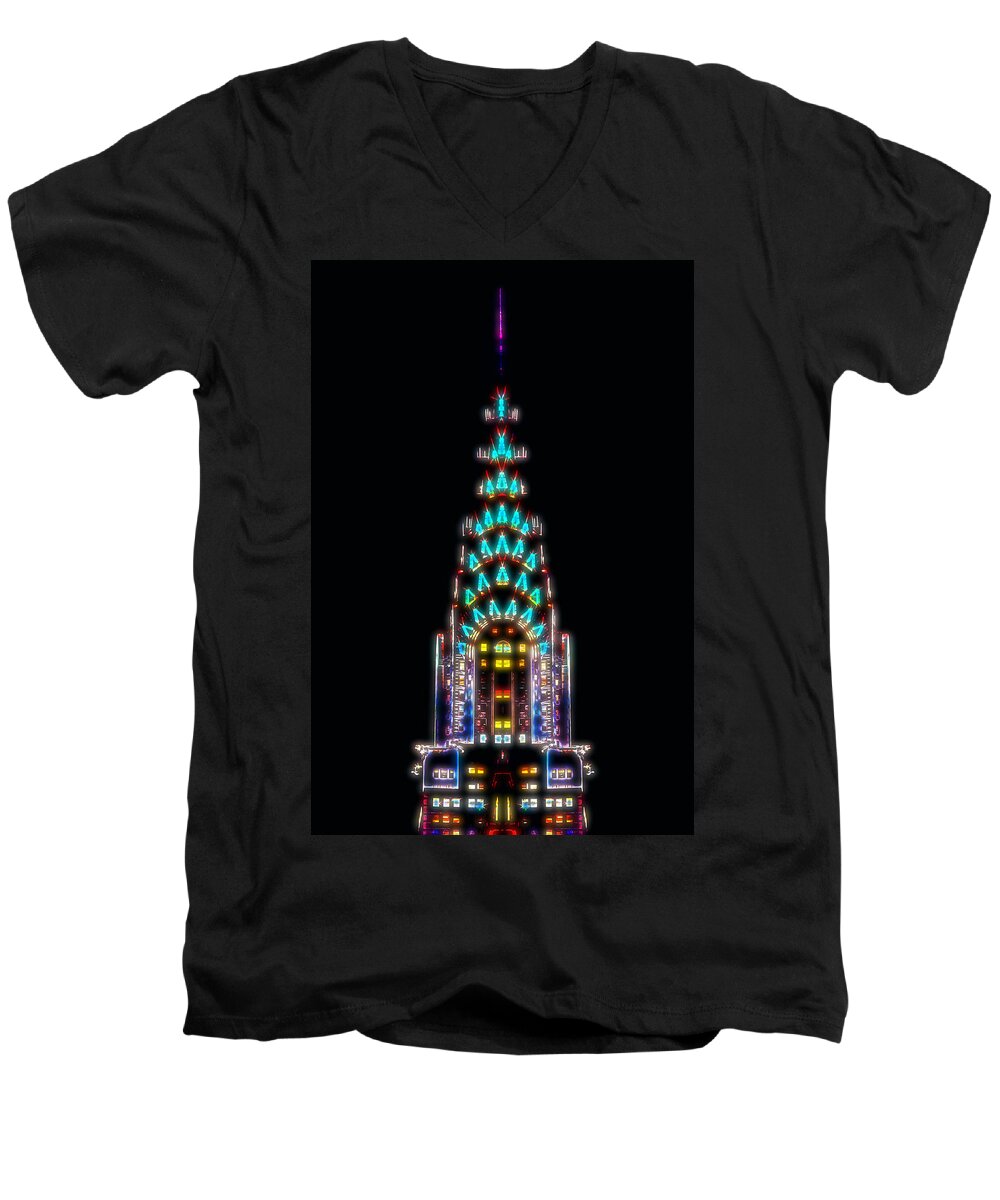 New York City Men's V-Neck T-Shirt featuring the digital art Neon Spires by Az Jackson