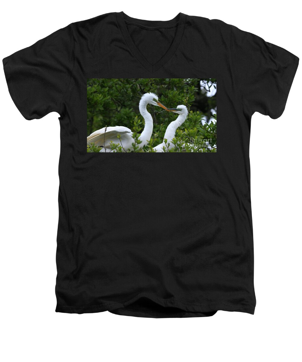 Great Egrets Men's V-Neck T-Shirt featuring the photograph Nest Building by John F Tsumas