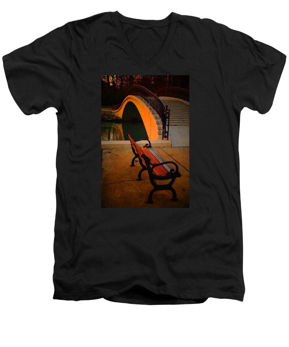  Men's V-Neck T-Shirt featuring the photograph New Bridge and Bench by Daniel Thompson