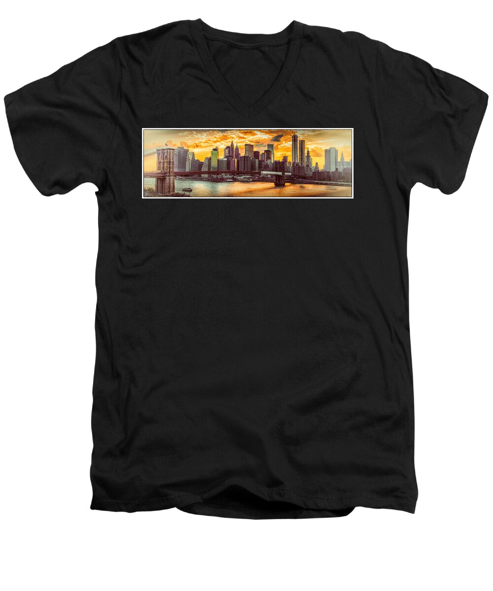 Brooklyn Bridge Men's V-Neck T-Shirt featuring the photograph New York City Summer Panorama by Chris Lord
