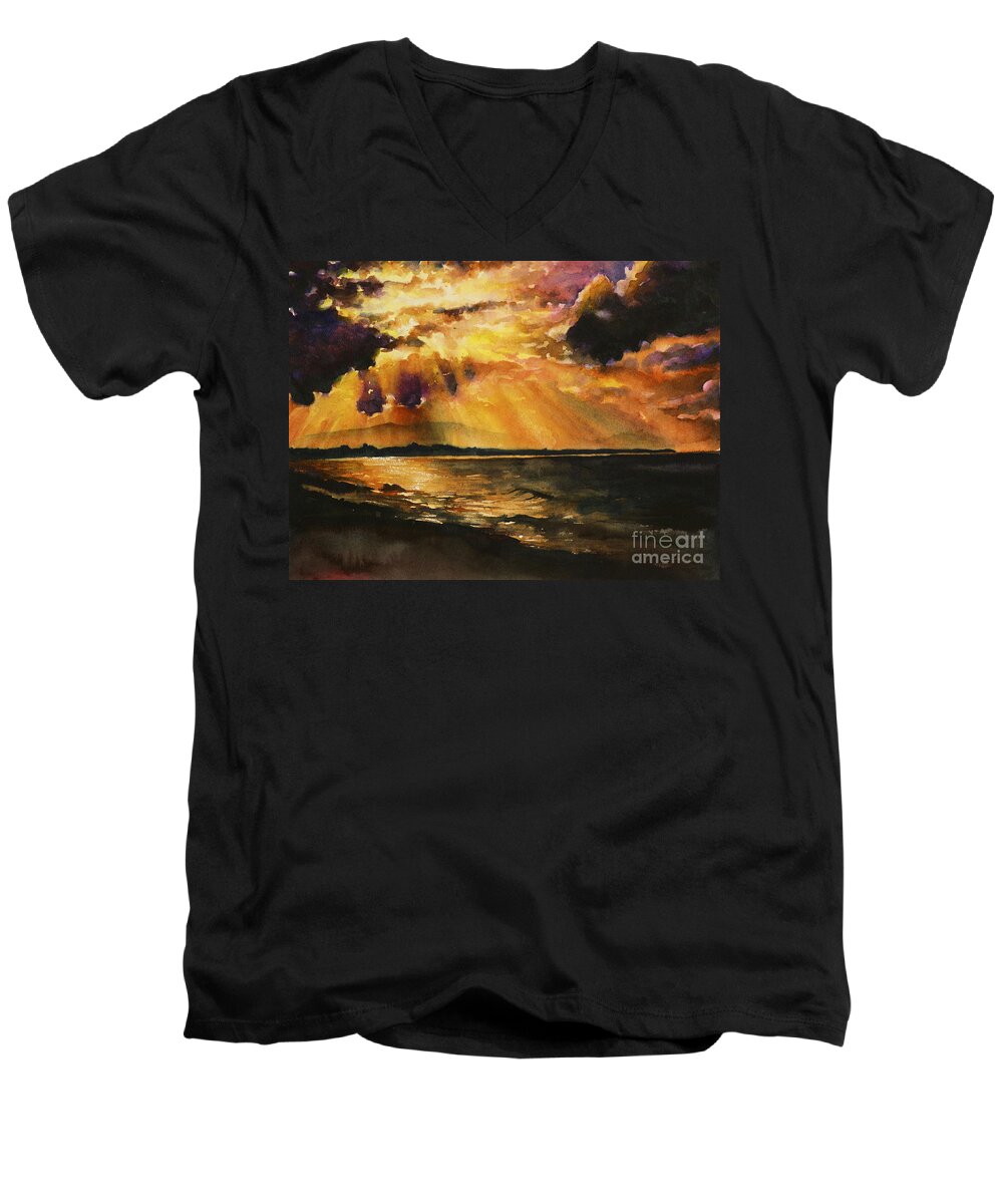  Prints Men's V-Neck T-Shirt featuring the painting New Zealand Sunset by Ryan Fox